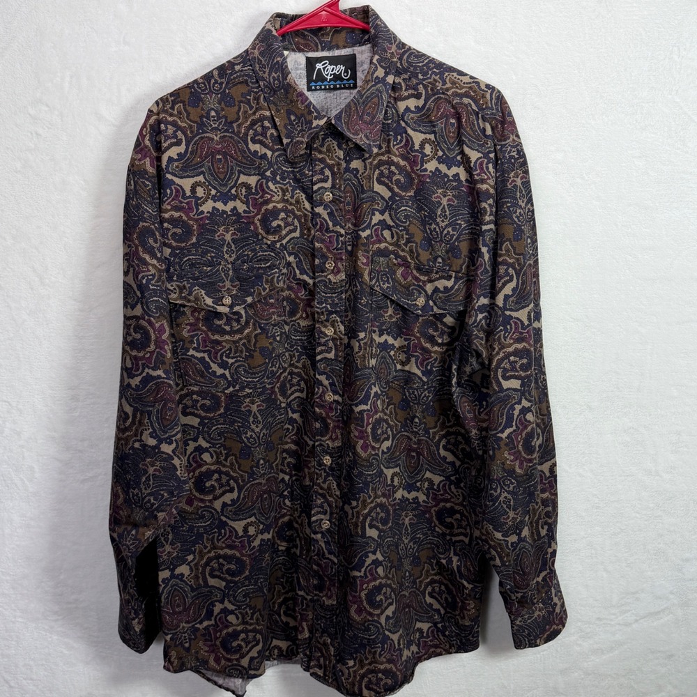 VTG Roper Rodeo Blue Mens XL‎ Paisley Long Sleeve Shirt Navy Burgundy Cowboy